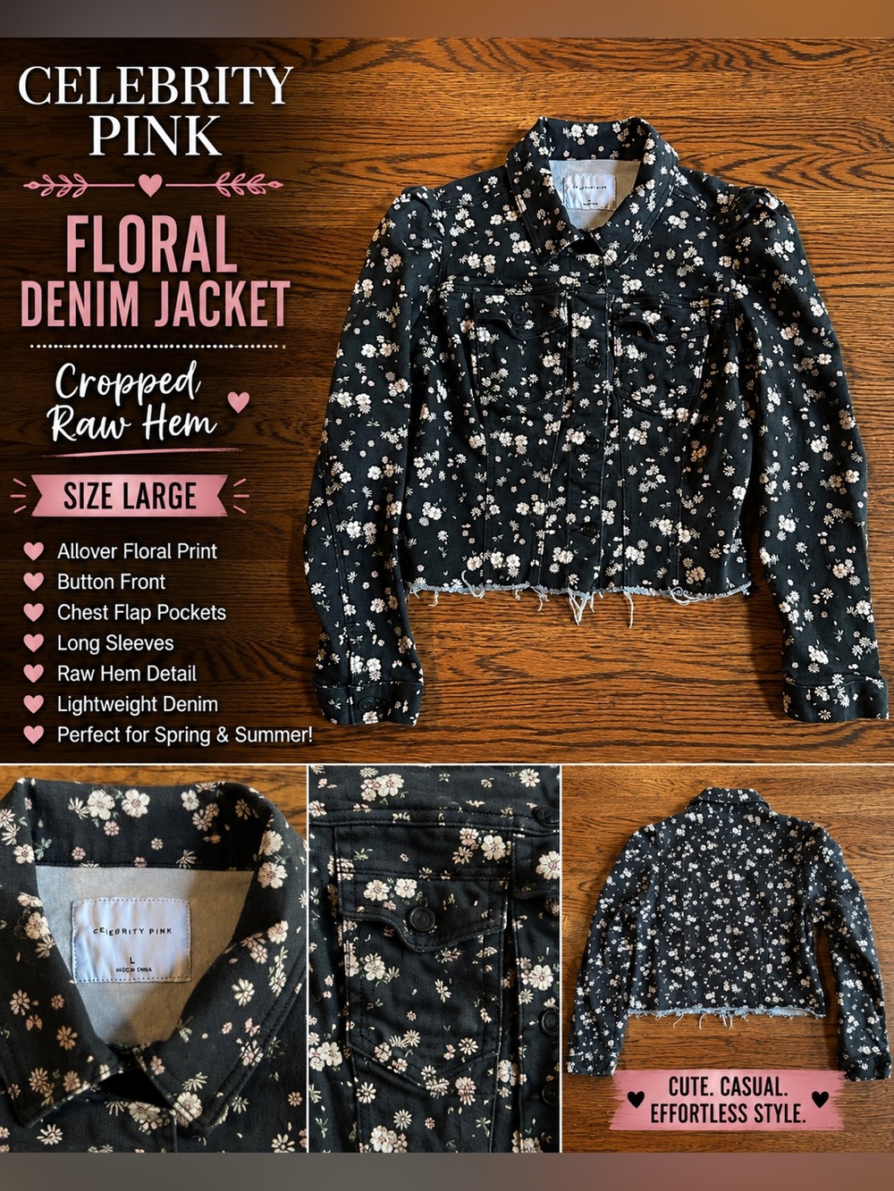 Celebrity Pink Floral Denim Jacket Cropped Raw Hem Black Floral Size Large